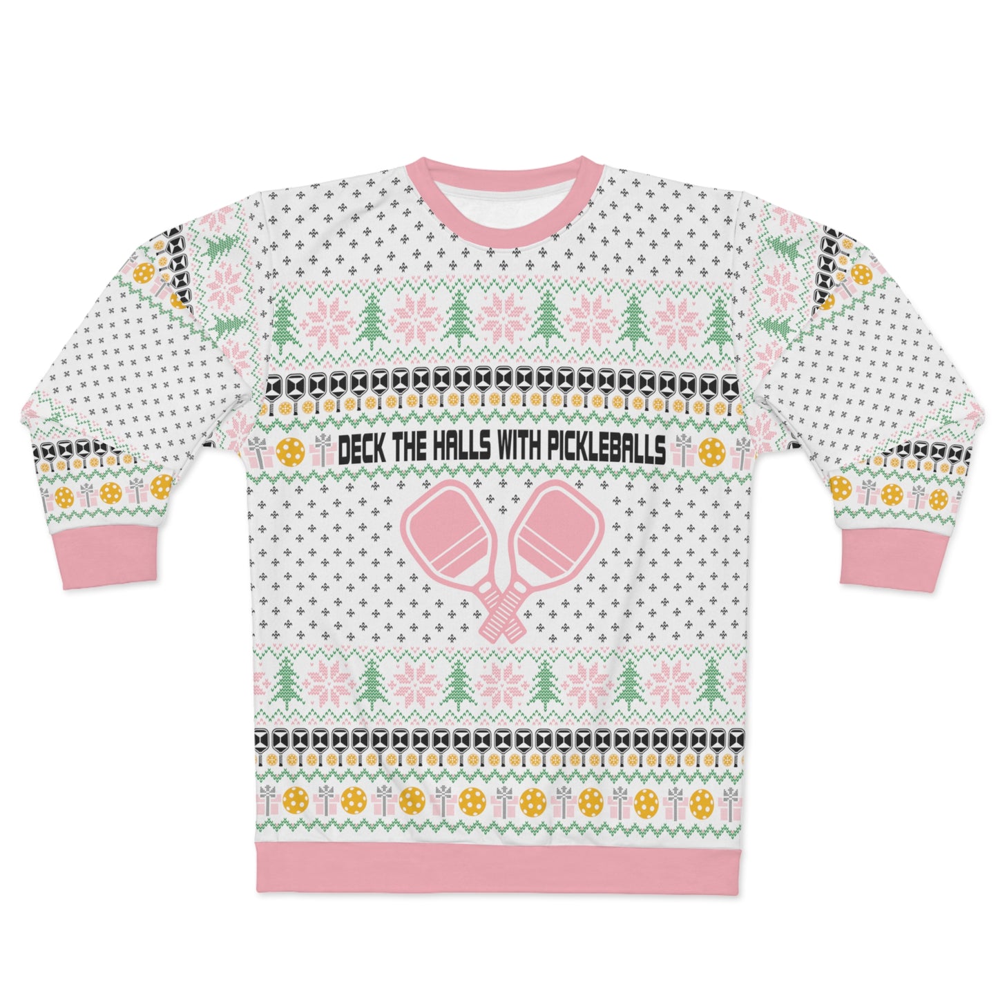 Deck The Halls With Pickleballs Ugly Christmas Sweatshirt - Pink