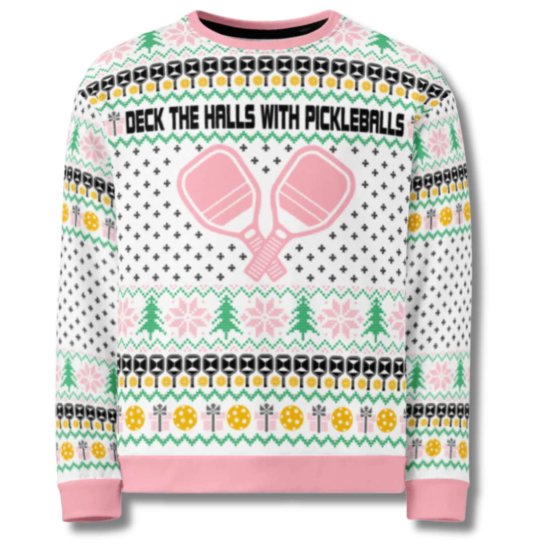 Deck The Halls With Pickleballs Ugly Pickleball Sweatshirt - Pink