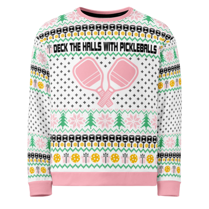 Deck The Halls With Pickleballs Unisex Ugly Pickleball Sweatshirt - Pink