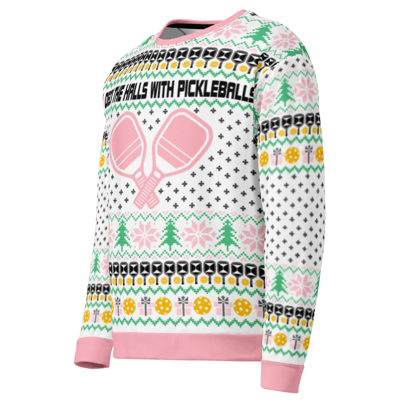 Deck The Halls With Pickleballs Unisex Ugly Christmas Sweatshirt - Pink