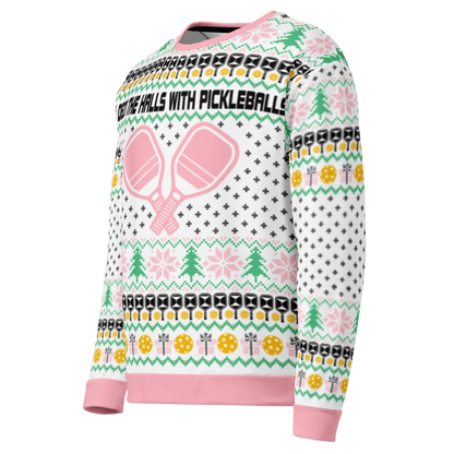 Deck The Halls With Pickleballs Unisex Ugly Christmas Sweatshirt - Pink