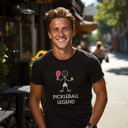 man in a black pickleball t-shirt that says pickleball legend