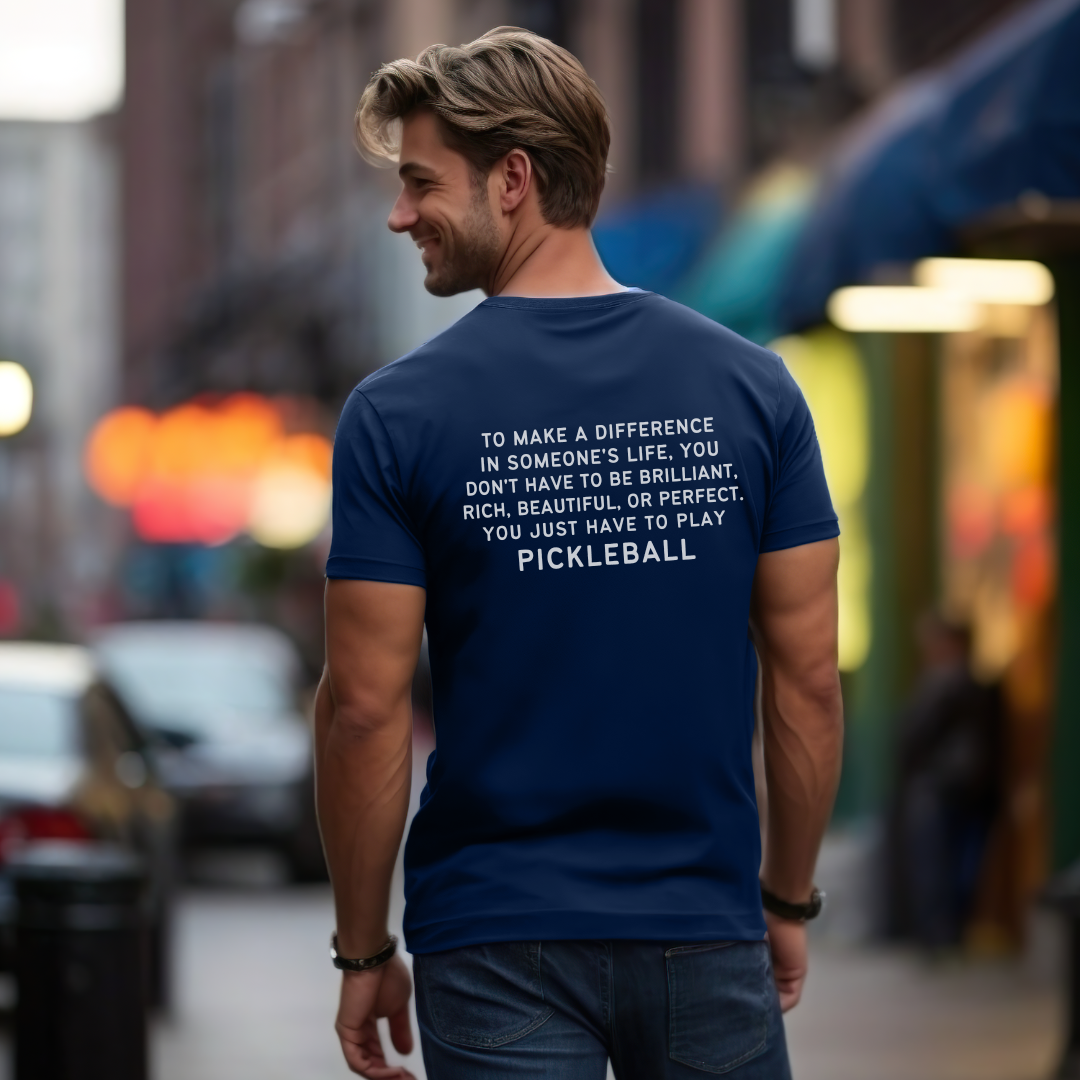 man wearing a navy 
pickleball tee 