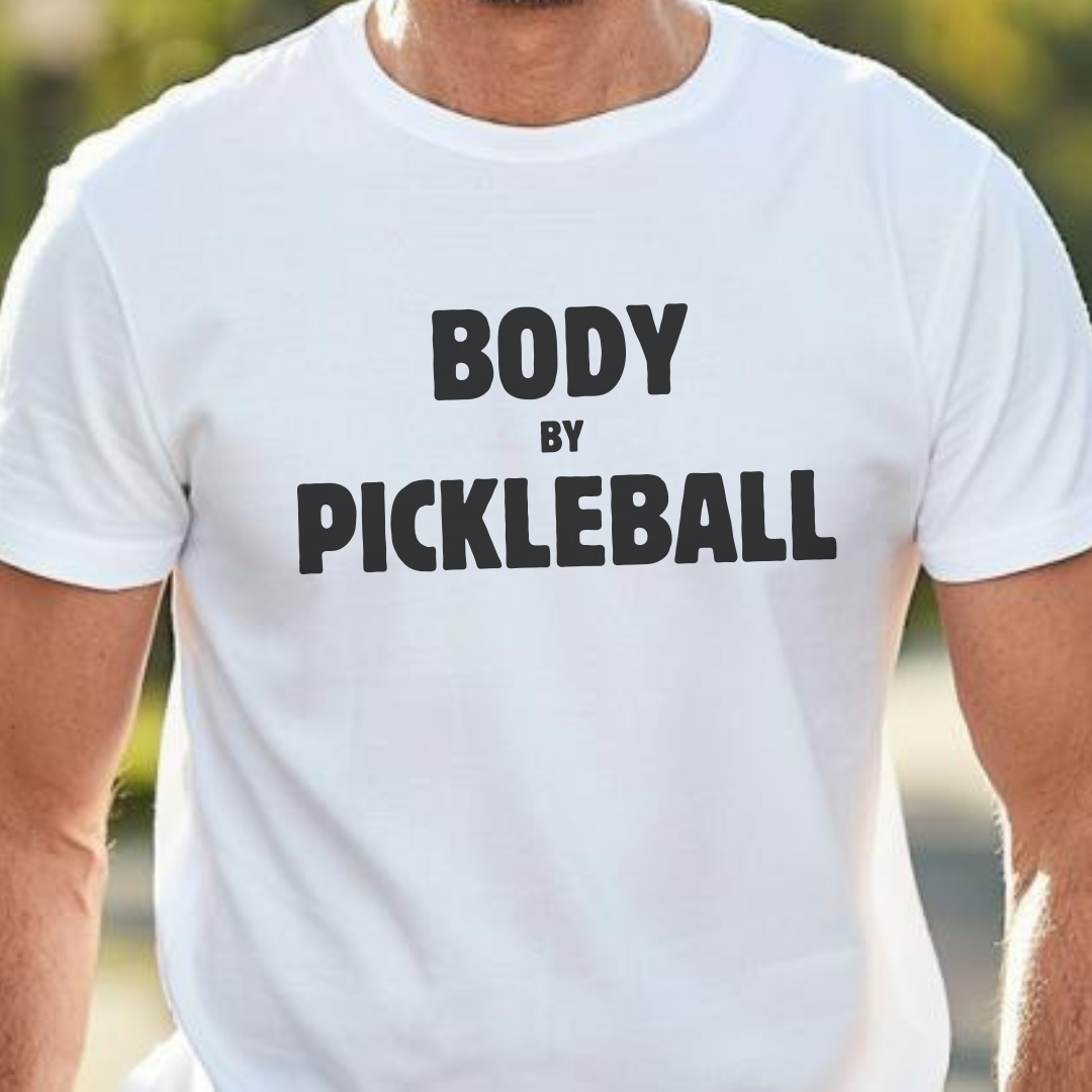 Man wearing a white pickleball t-shirt