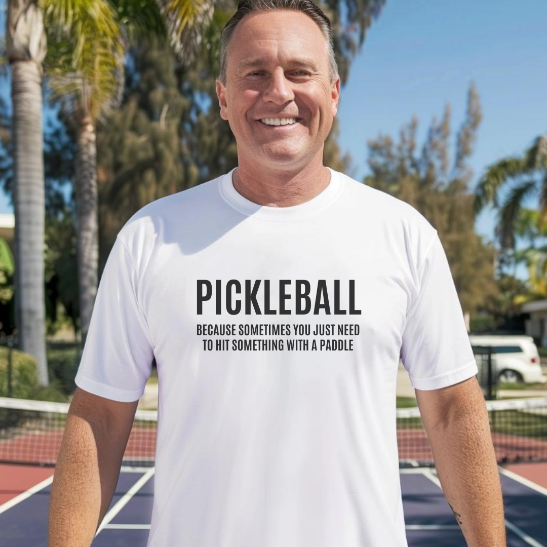man wearing a black short sleeve pickleball t-shirt